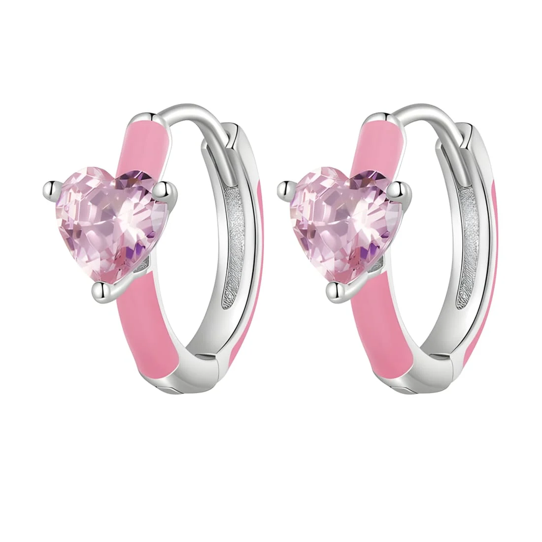 Pendientes de Aro Corazones Rosas <myexti><span>Plata de Ley 925, chapada en oro blanco, con circonitas rosas en forma de corazón y esmalte rosa</span></myexti>