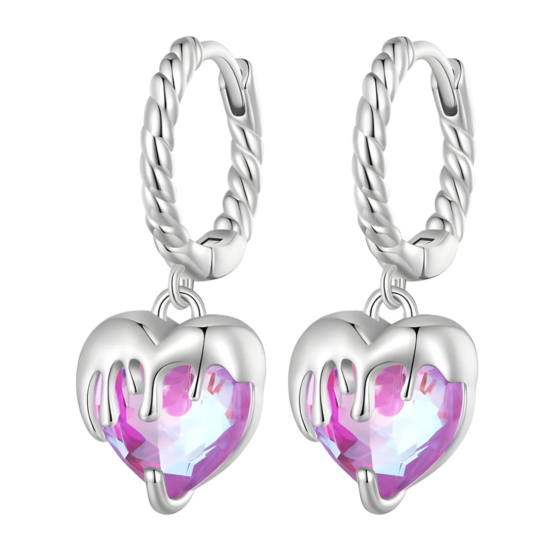Pendientes de Aro con Corazón Rosa Goteante <myexti><span>Plata de Ley 925, chapada en oro blanco, con circonitas rosas en forma de corazón</span></myexti>