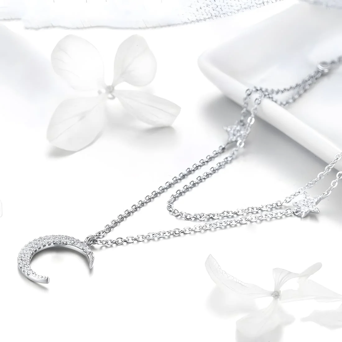 Collar de Luna y Estrellas <myexti><span>Plata de Ley 925, chapada en oro blanco, con circonitas y longitud ajustable</span></myexti> - Imagen 3