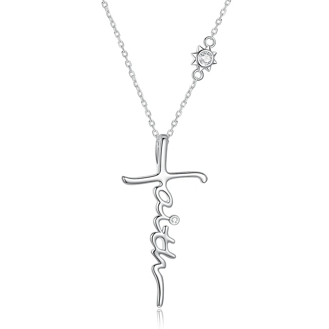 Collar Cruz de Fe <myexti><span>Plata de Ley 925, chapada en oro blanco, con circonitas y grabado "Faith", con longitud ajustable</span></myexti>