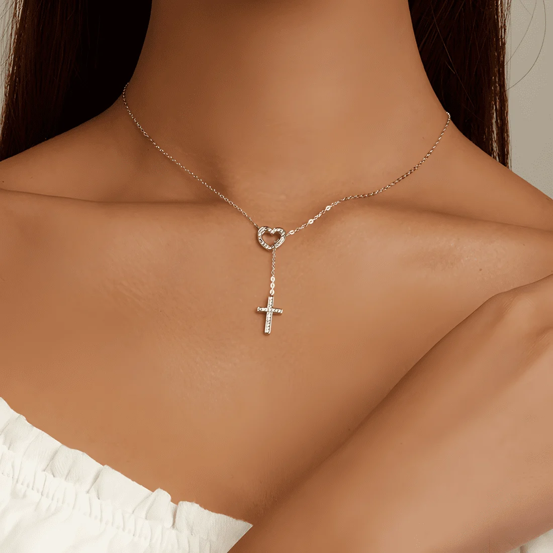 Collar Corazón y Cruz <myexti><span>Plata de Ley 925, chapada en oro blanco, con circonitas multicolor y longitud ajustable</span></myexti> - Imagen 2
