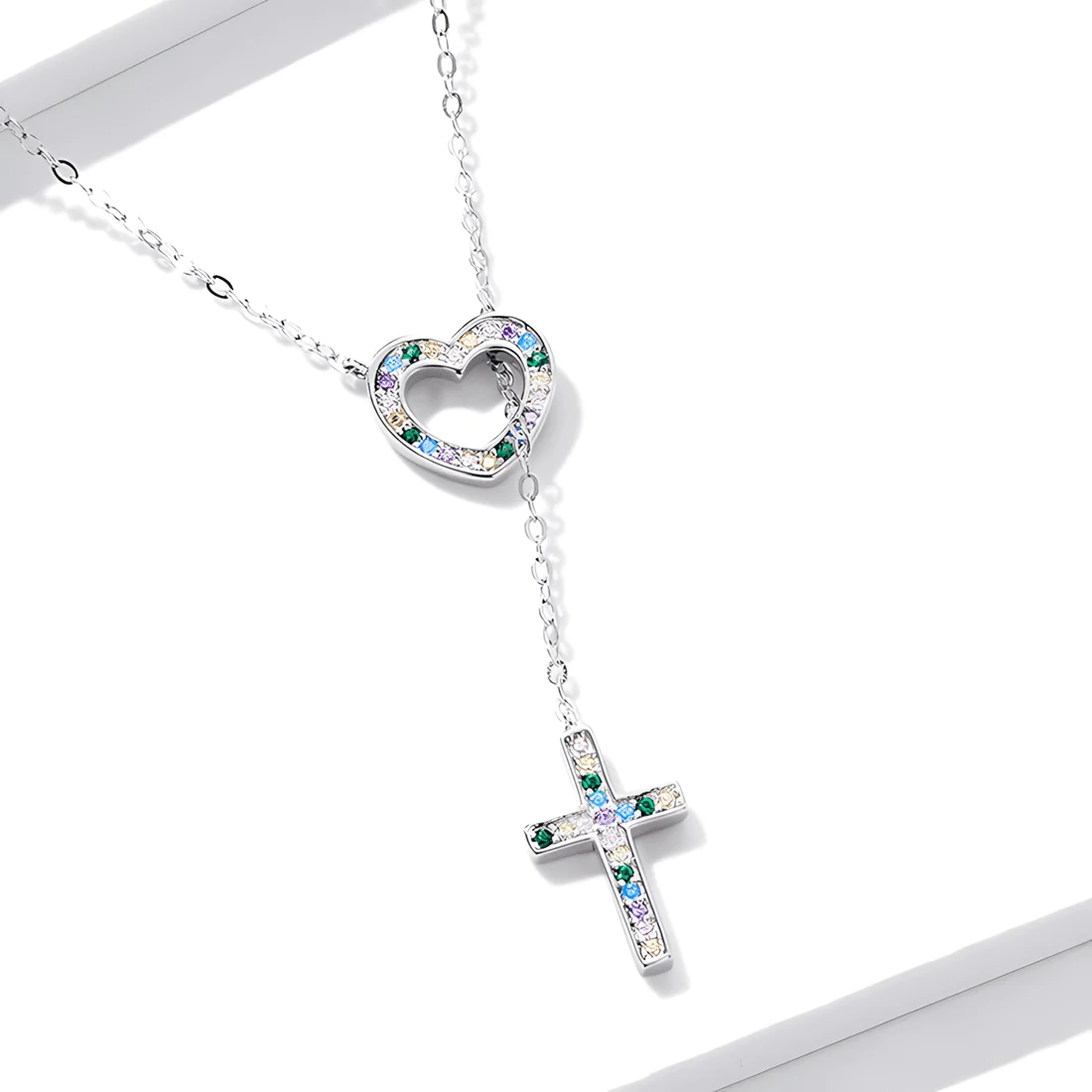 Collar Corazón y Cruz <myexti><span>Plata de Ley 925, chapada en oro blanco, con circonitas multicolor y longitud ajustable</span></myexti> - Imagen 4