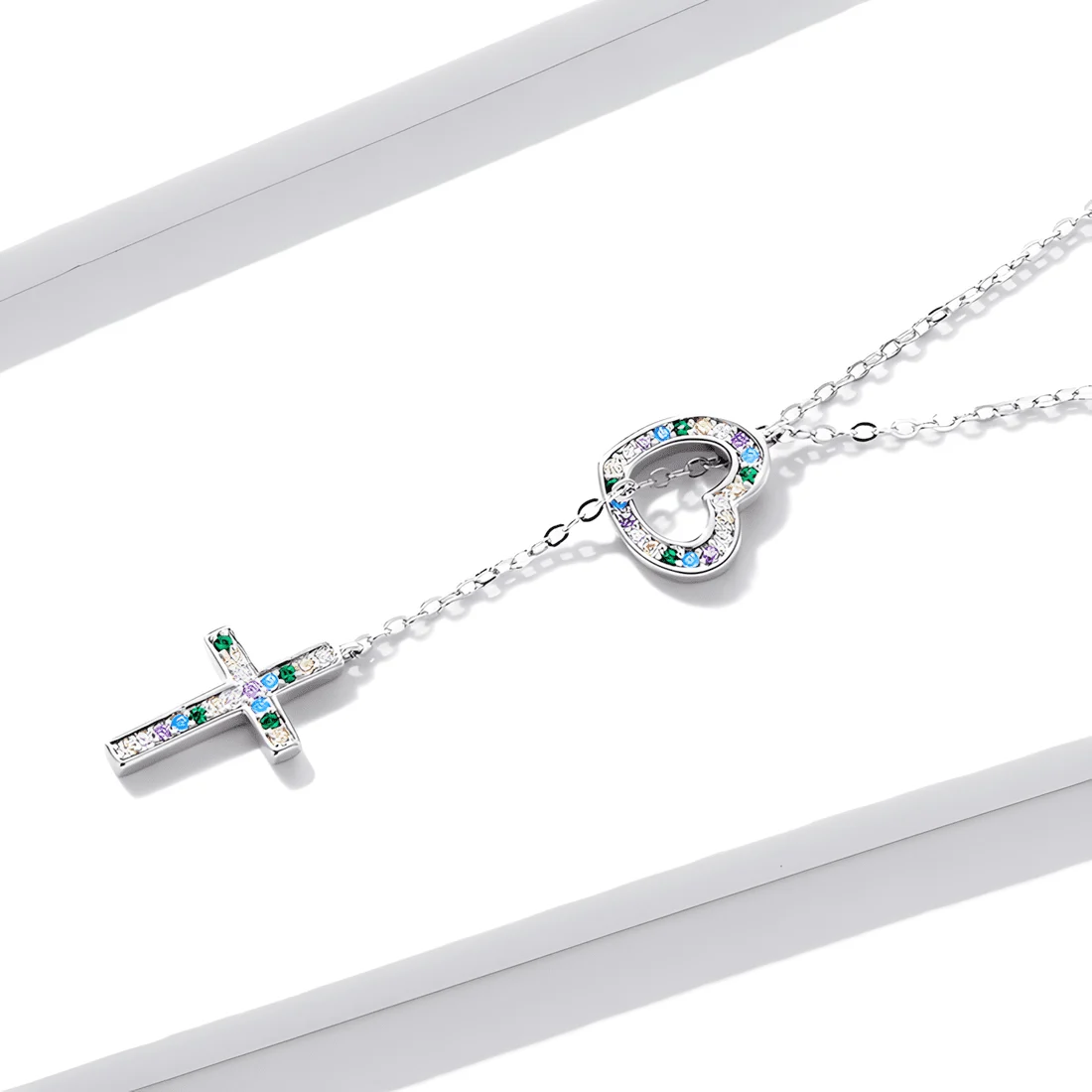 Collar Corazón y Cruz <myexti><span>Plata de Ley 925, chapada en oro blanco, con circonitas multicolor y longitud ajustable</span></myexti> - Imagen 5