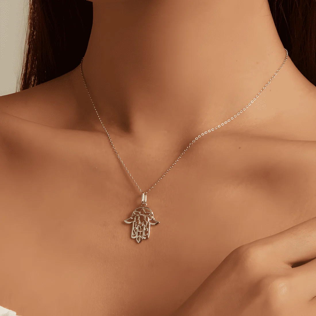 Collar Flor de Loto Hamsa <myexti><span>Plata de Ley 925, chapada en oro blanco, con longitud ajustable</span></myexti> - Imagen 2