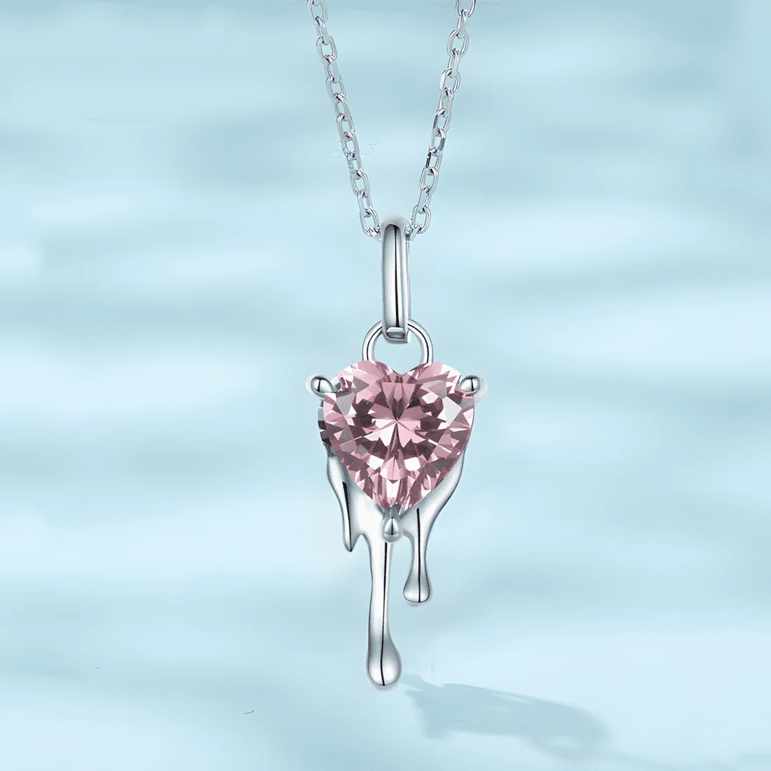 Collar Corazón Rosa Goteante <myexti><span>Plata de Ley 925, chapada en oro blanco, con circonita rosa en forma de corazón y diseño único de goteo</span></myexti> - Imagen 3