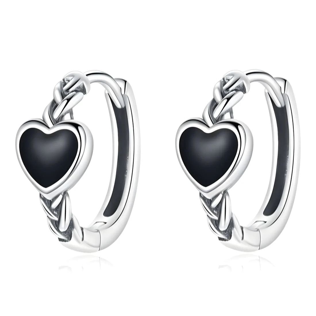 Pendientes de Aro con Corazón Negro <myexti><span>Plata de Ley 925, chapada en oro blanco, con piedras de ónix negro</span></myexti>