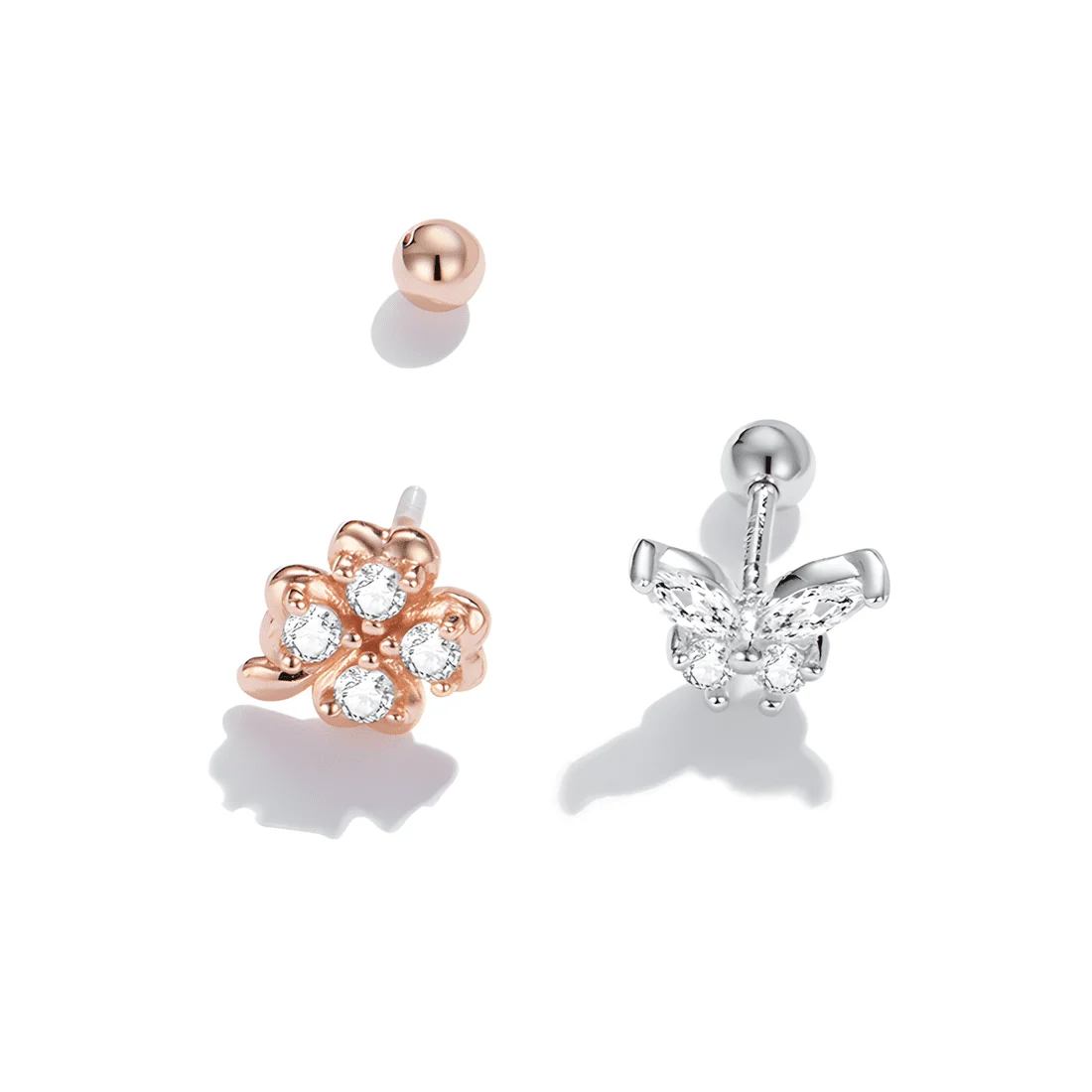 Pendientes de Botón Mariposa y Trébol de Cuatro Hojas <myexti><span>Plata de Ley 925, chapada en oro blanco y oro rosa, con circonitas</span></myexti> - Imagen 4