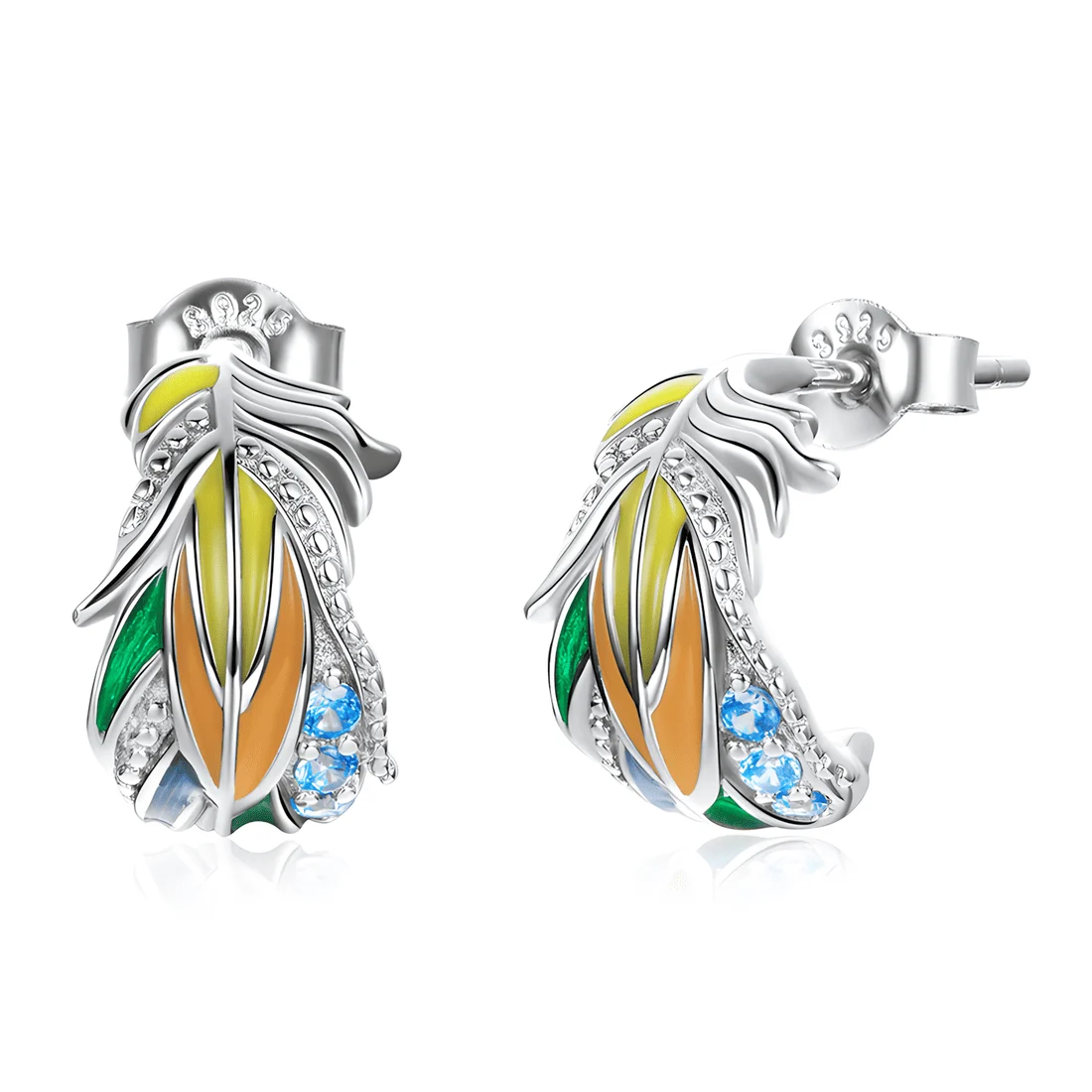 Pendientes de Aro con Plumas <myexti><span>Plata de Ley 925, chapada en oro blanco, esmaltados a mano, con circonitas</span></myexti>