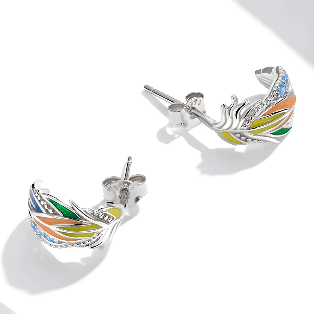 Pendientes de Aro con Plumas <myexti><span>Plata de Ley 925, chapada en oro blanco, esmaltados a mano, con circonitas</span></myexti> - Imagen 5