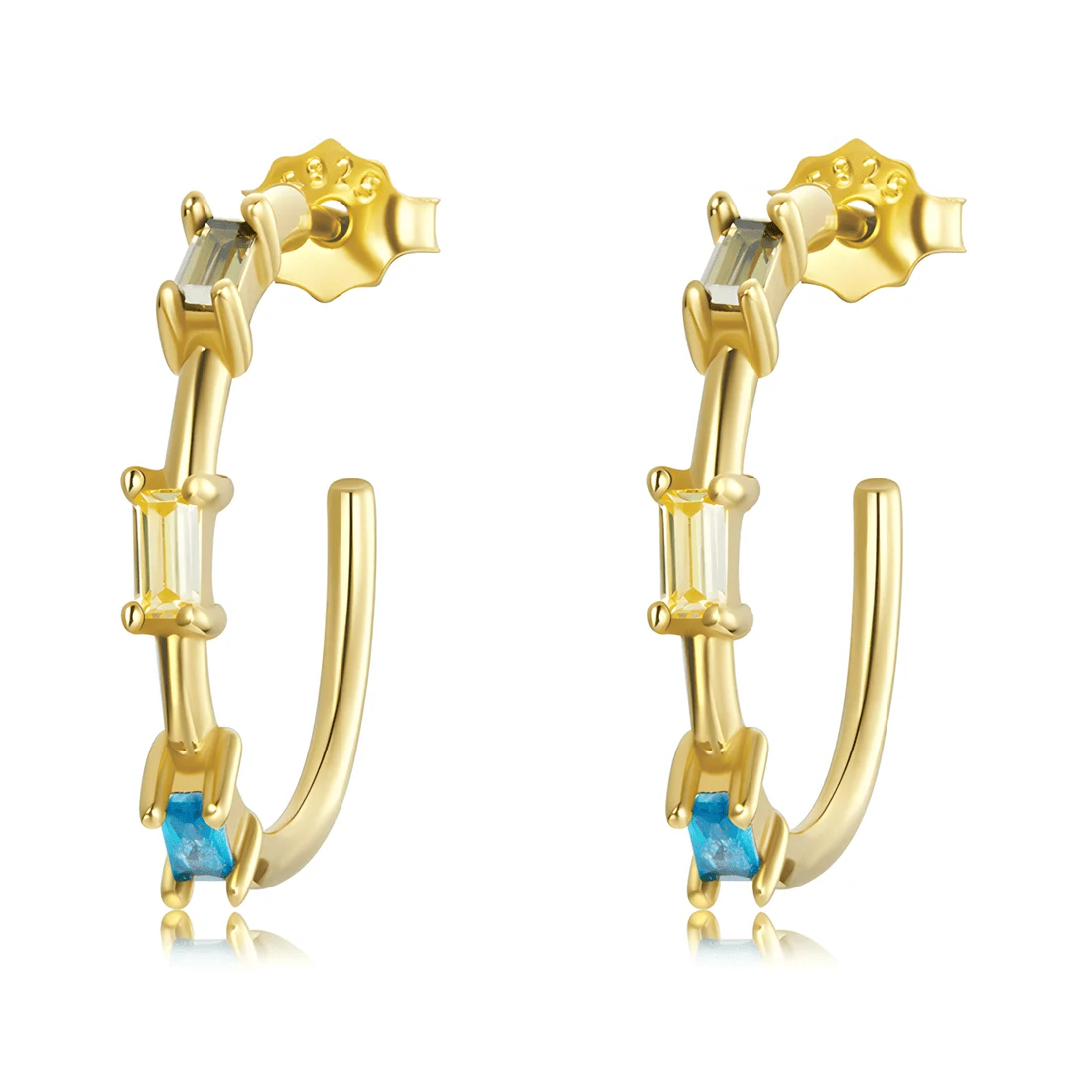 Pendientes de Aro Baguette <myexti><span>Plata de Ley 925, chapada en oro amarillo, con circonitas azules y amarillas</span></myexti>