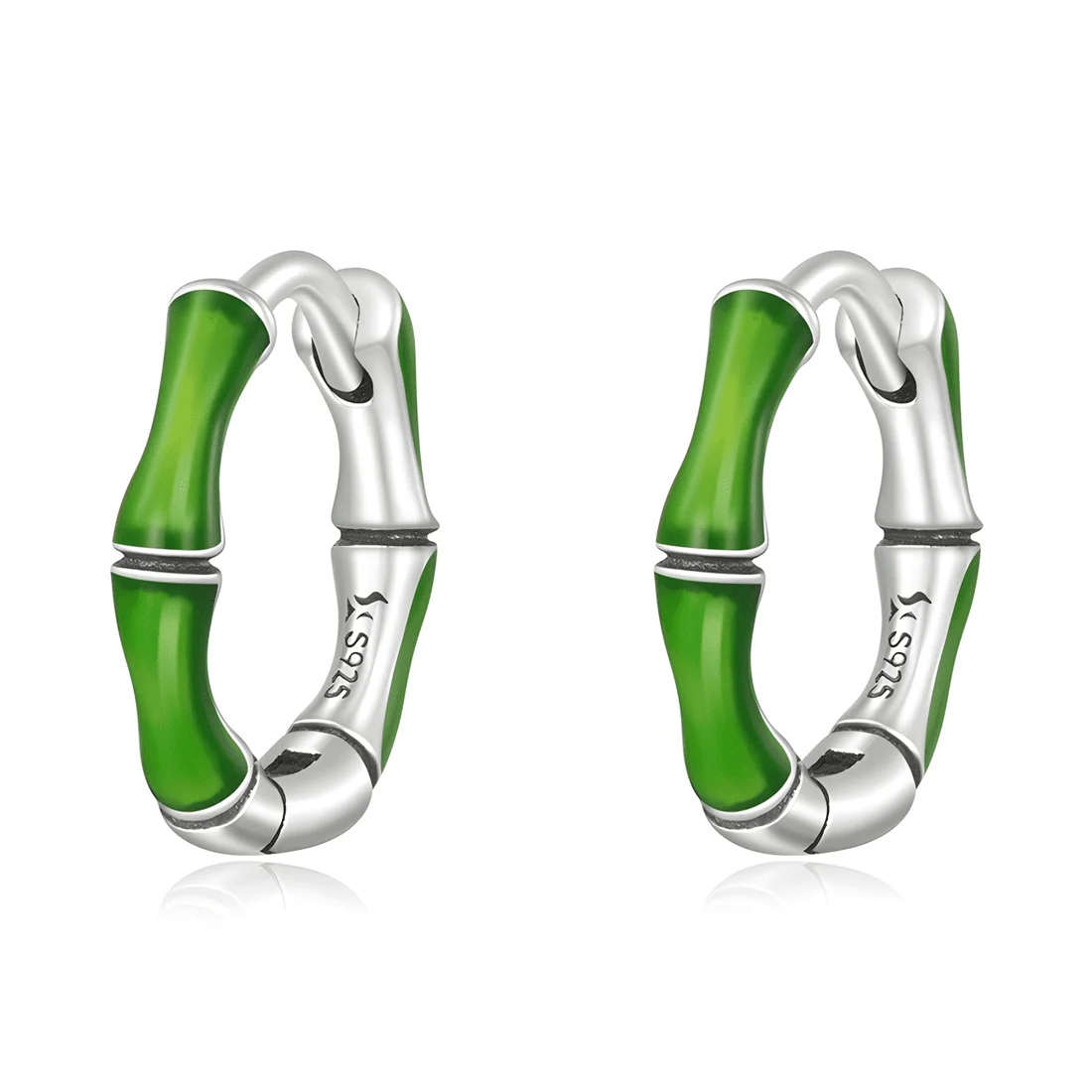 Pendientes de Aro Bambú <myexti><span>Plata de Ley 925, chapada en oro blanco, con esmalte verde</span></myexti>