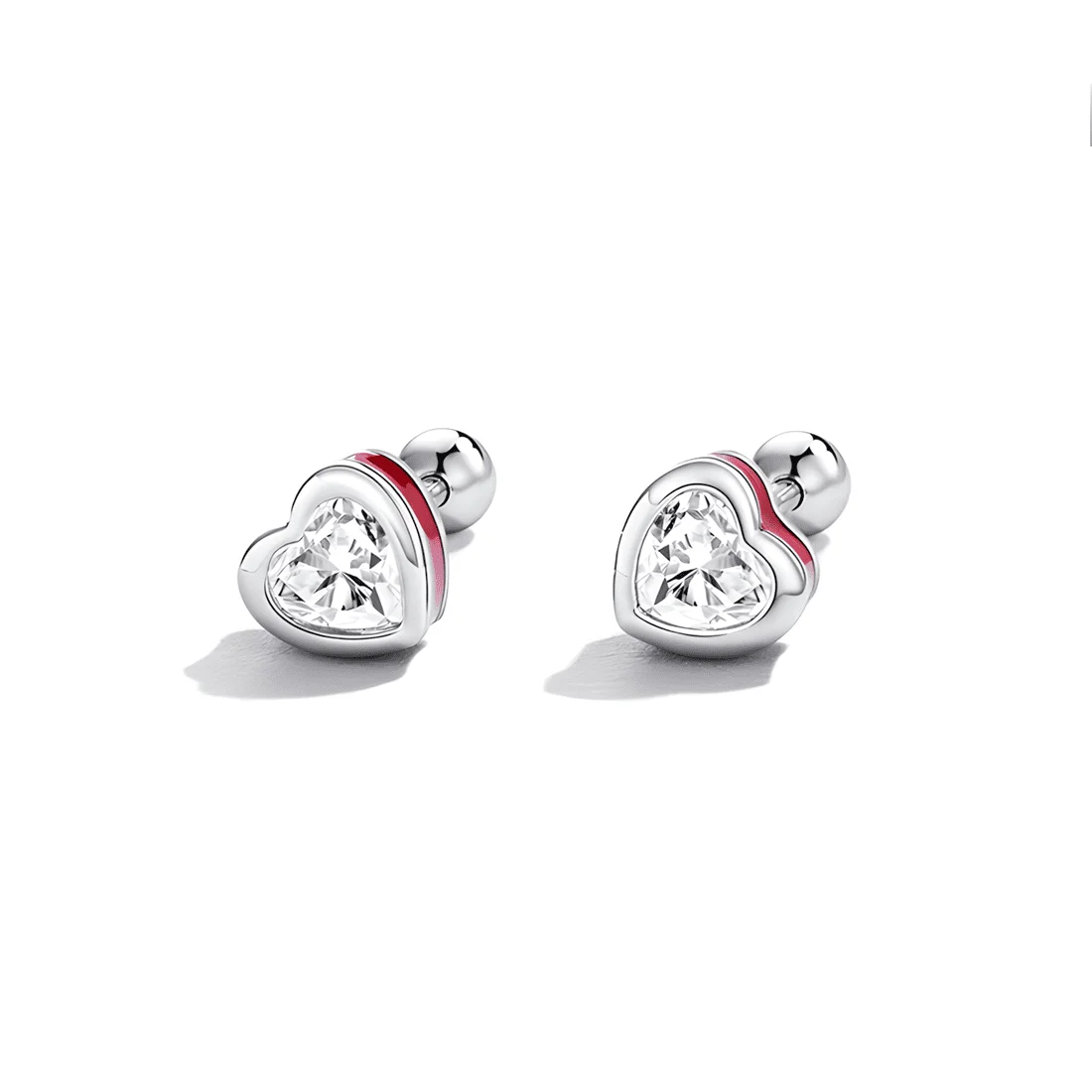 Pendientes de Botón Corazones Rojos <myexti><span>Plata de Ley 925, chapada en oro blanco, con circonitas en forma de corazón y esmalte rojo</span></myexti> - Imagen 3