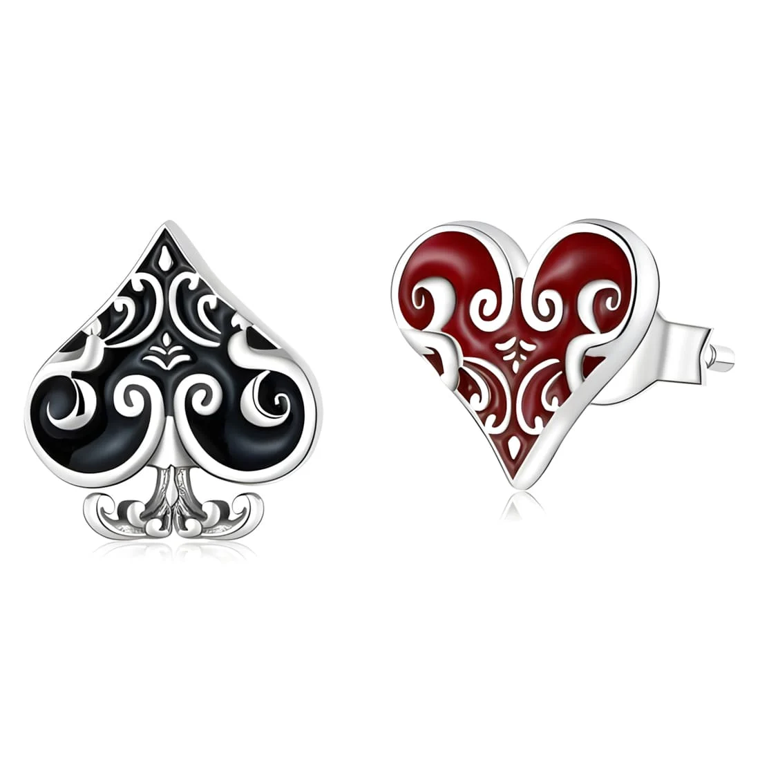 Pendientes de Botón Picas y Corazones de Póker <myexti><span>Plata de Ley 925, chapada en oro blanco, con esmalte rojo y negro</span></myexti>