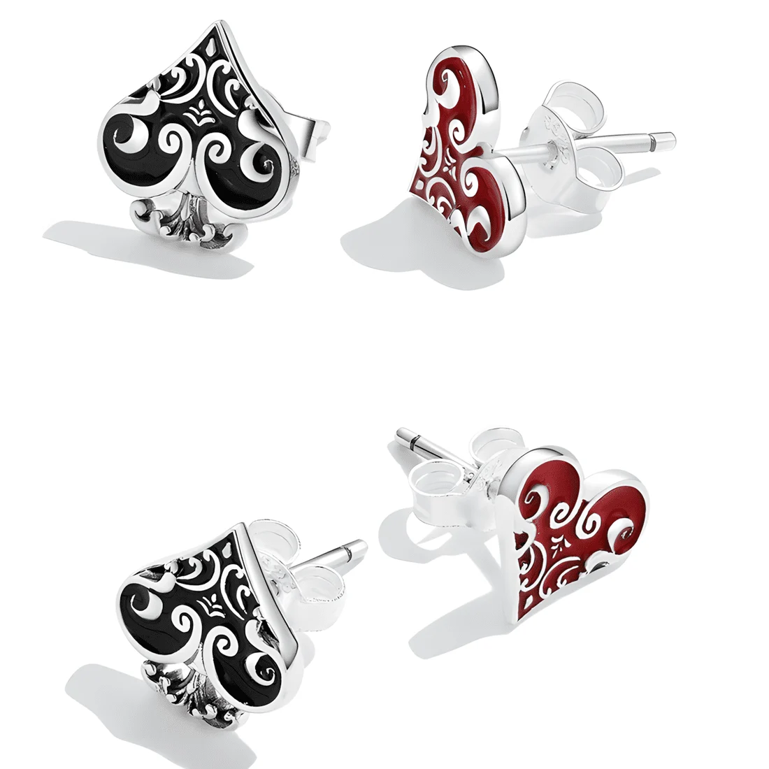 Pendientes de Botón Picas y Corazones de Póker <myexti><span>Plata de Ley 925, chapada en oro blanco, con esmalte rojo y negro</span></myexti> - Imagen 4