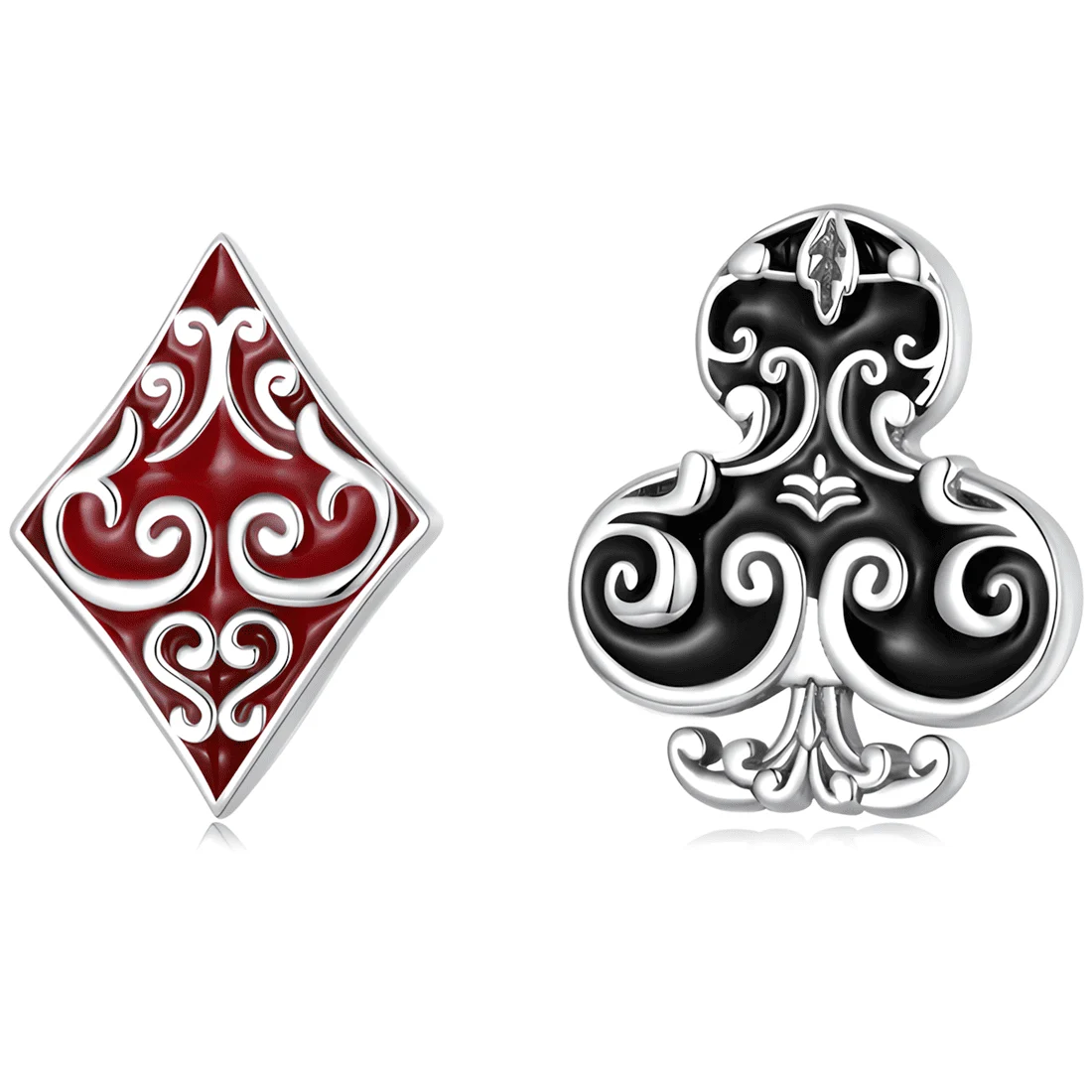 Pendientes de Botón Cuadrado y Flor de Póker <myexti><span>Plata de Ley 925, chapada en oro blanco, con esmalte rojo y negro</span></myexti>