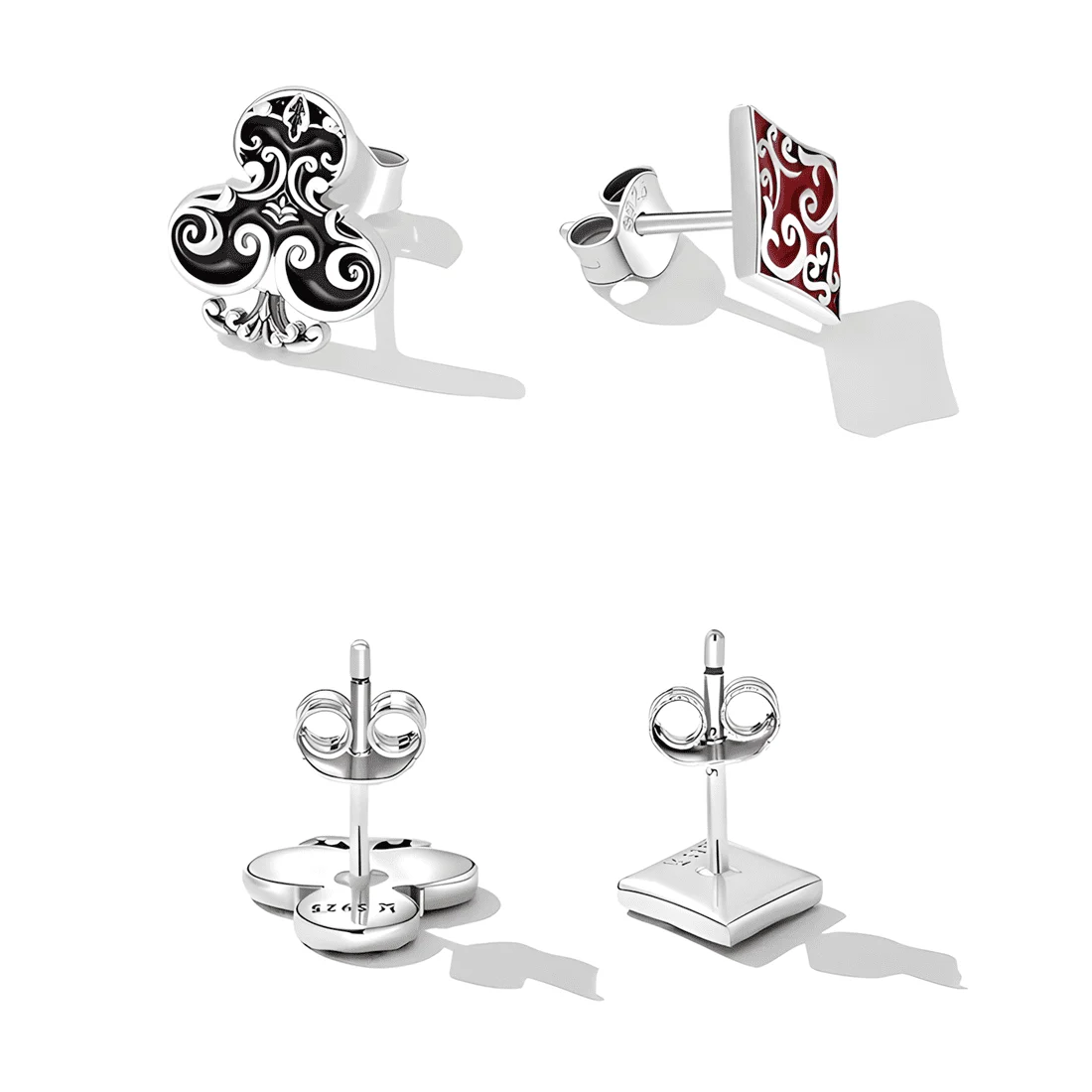 Pendientes de Botón Cuadrado y Flor de Póker <myexti><span>Plata de Ley 925, chapada en oro blanco, con esmalte rojo y negro</span></myexti> - Imagen 4