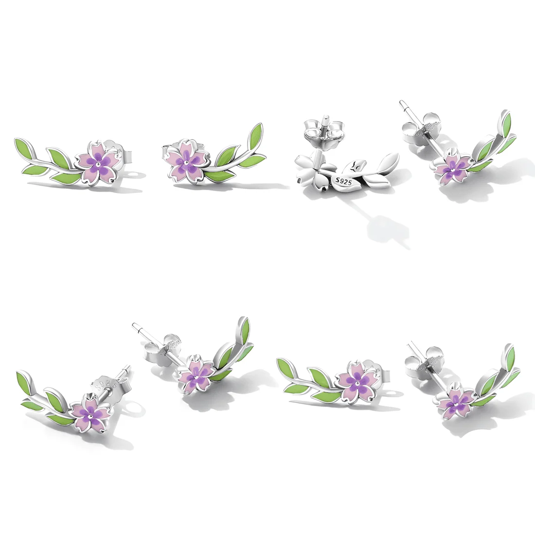 Pendientes de Botón Flores de Sakura <myexti><span>Plata de Ley 925, chapada en oro blanco, con flores de cerezo esmaltadas a mano</span></myexti> - Imagen 3