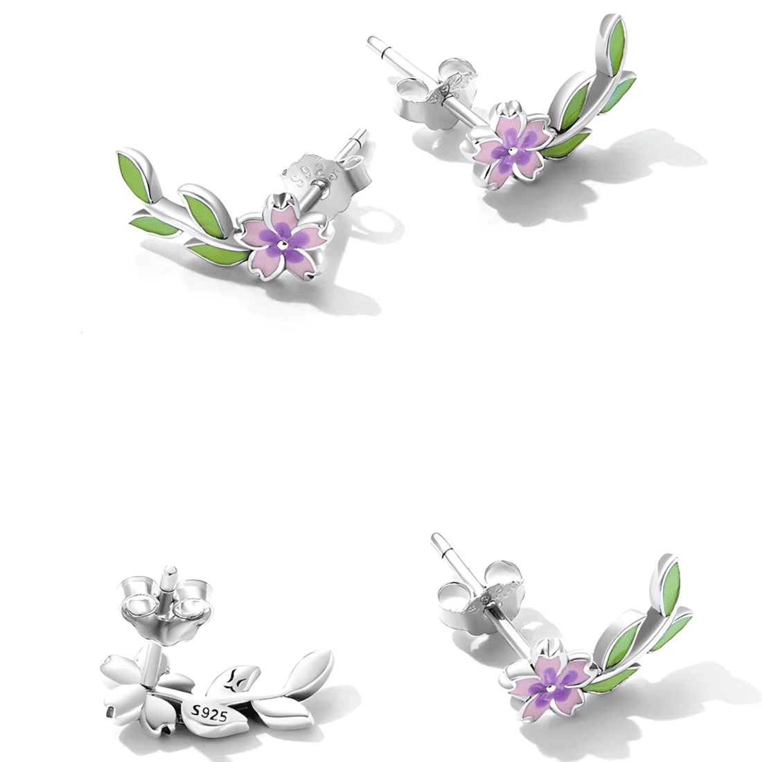 Pendientes de Botón Flores de Sakura <myexti><span>Plata de Ley 925, chapada en oro blanco, con flores de cerezo esmaltadas a mano</span></myexti> - Imagen 4