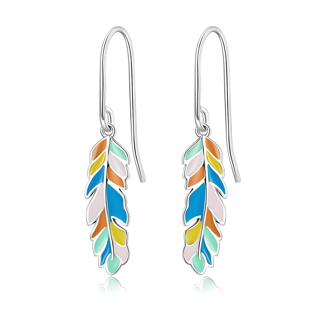 Pendientes Colgantes de Plumas <myexti><span>Plata de Ley 925, chapada en oro blanco, con esmalte multicolor</span></myexti>