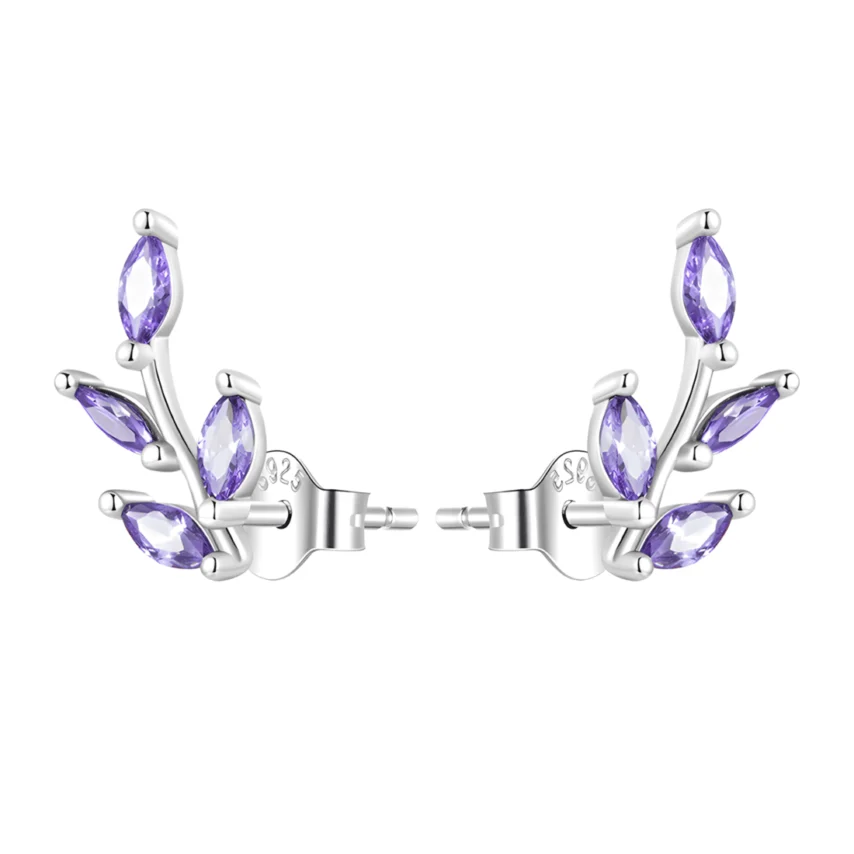 Pendientes de Botón Hojas Brillantes <myexti><span>Plata de Ley 925, chapada en oro blanco, con circonitas púrpuras</span></myexti>