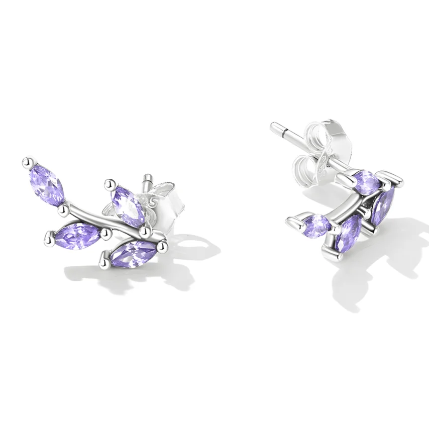 Pendientes de Botón Hojas Brillantes <myexti><span>Plata de Ley 925, chapada en oro blanco, con circonitas púrpuras</span></myexti> - Imagen 3