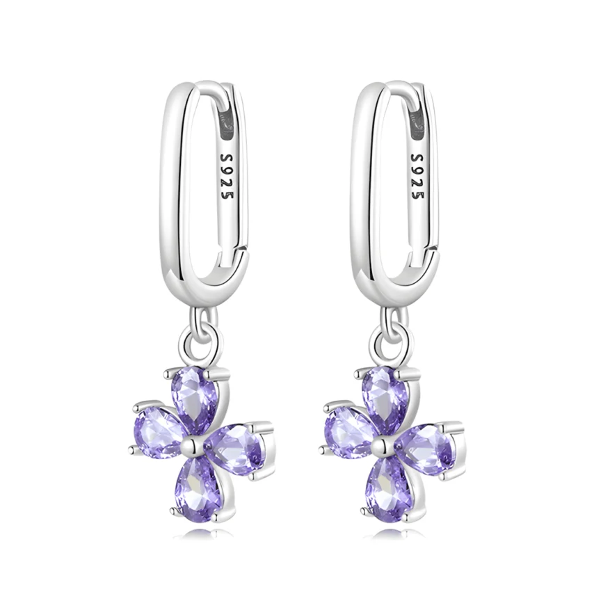 Pendientes de Aro Colgantes Flor Púrpura <myexti><span>Plata de Ley 925, chapada en oro blanco, con circonitas púrpuras</span></myexti>