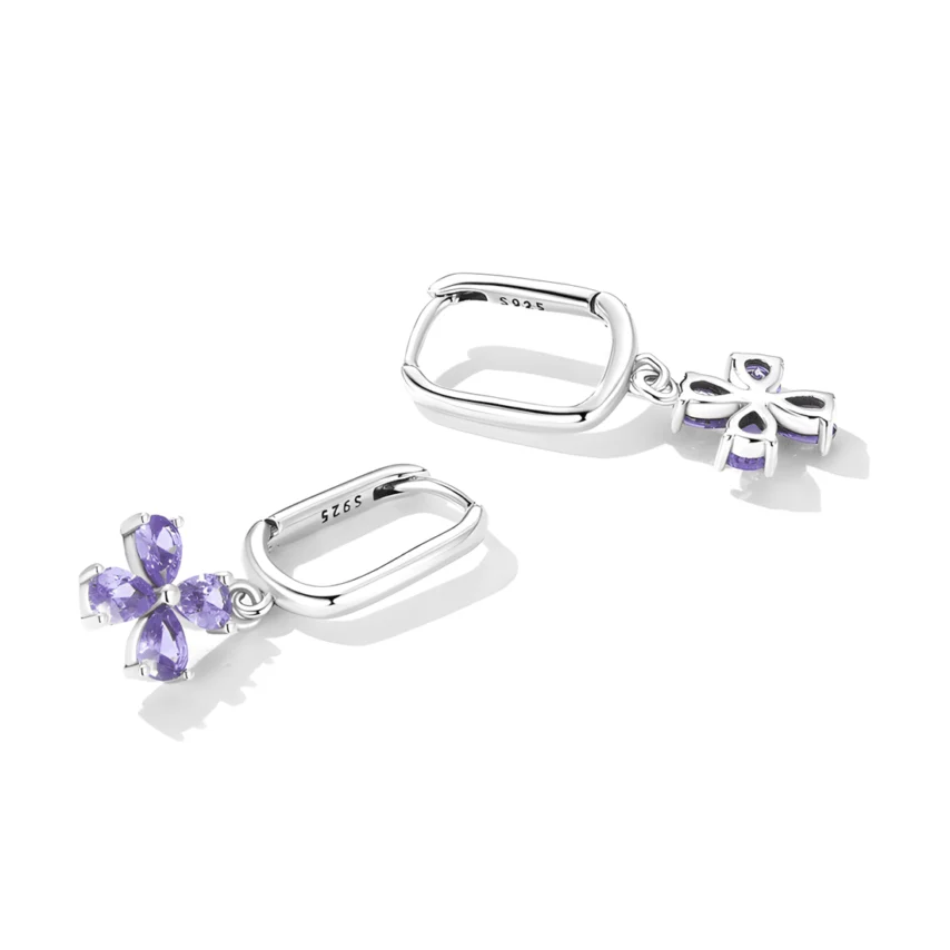 Pendientes de Aro Colgantes Flor Púrpura <myexti><span>Plata de Ley 925, chapada en oro blanco, con circonitas púrpuras</span></myexti> - Imagen 3