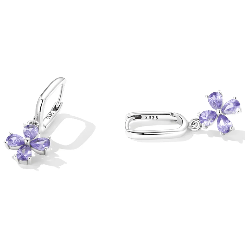 Pendientes de Aro Colgantes Flor Púrpura <myexti><span>Plata de Ley 925, chapada en oro blanco, con circonitas púrpuras</span></myexti> - Imagen 4