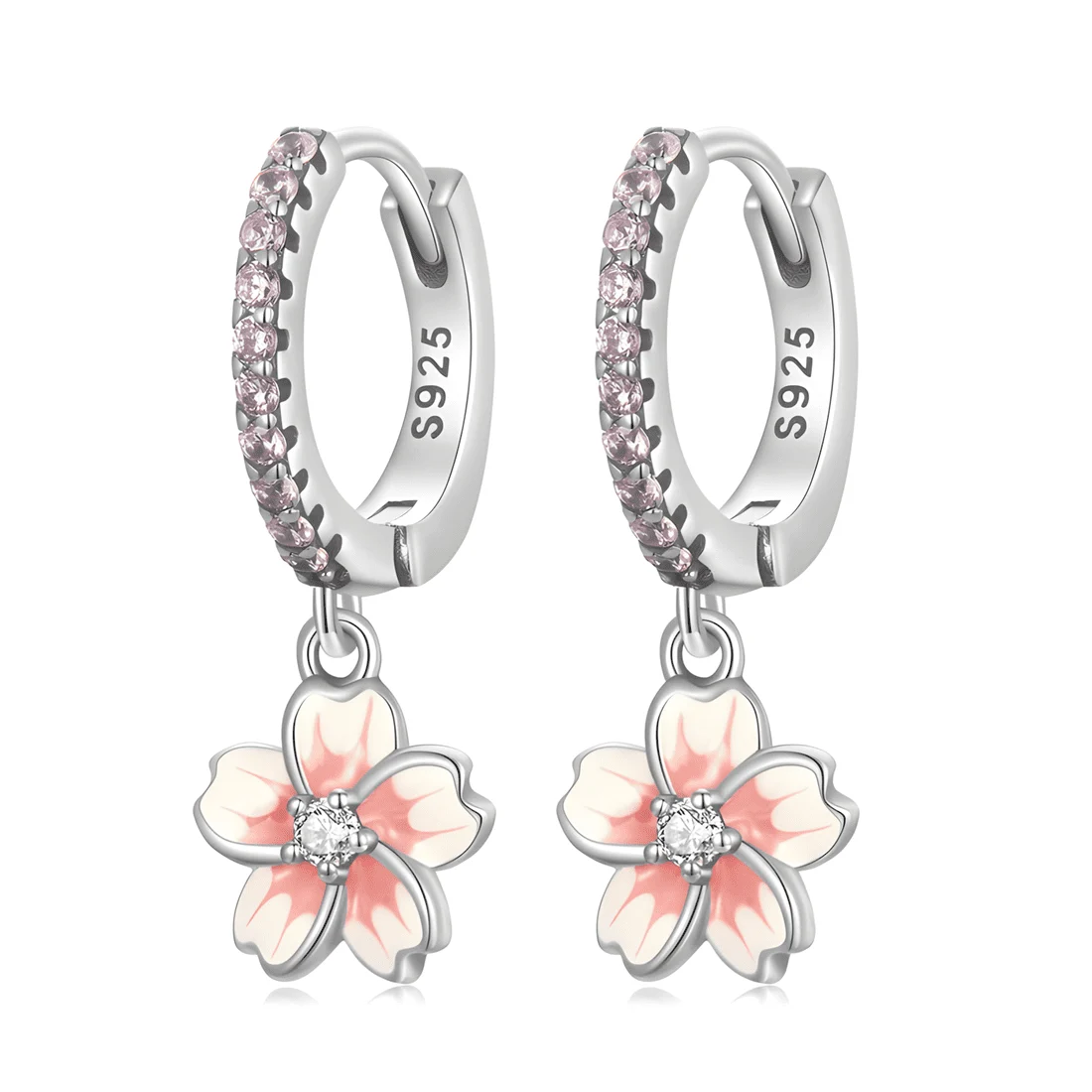 Pendientes de Aro con Flor de Sakura <myexti><span>Plata de Ley 925, chapada en oro blanco, esmaltados a mano, con circonitas rosas</span></myexti>
