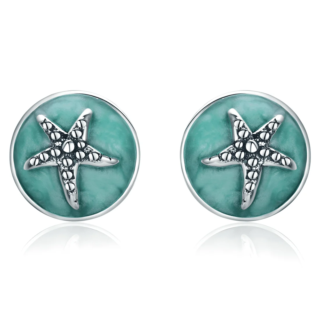 Pendientes de Botón Estrella de Mar <myexti><span>Plata de Ley 925, chapada en oro blanco, con esmalte turquesa</span></myexti>