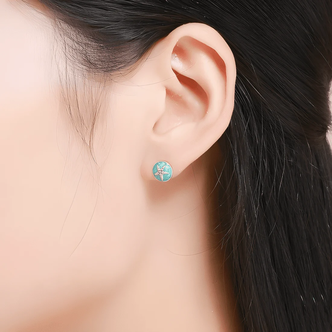 Pendientes de Botón Estrella de Mar <myexti><span>Plata de Ley 925, chapada en oro blanco, con esmalte turquesa</span></myexti> - Imagen 2