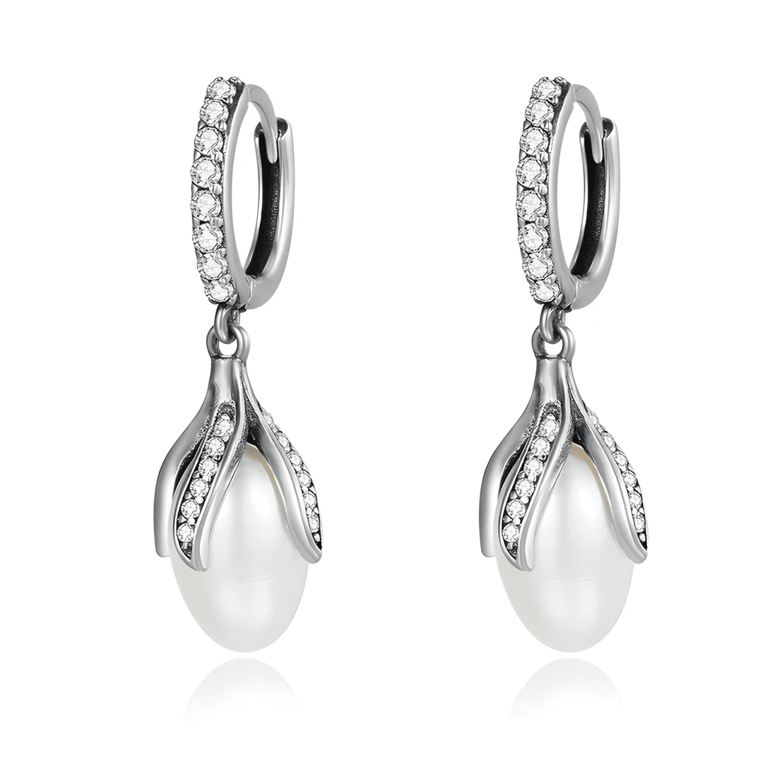 Pendientes de Aro con Perlas Colgantes <myexti><span>Plata de Ley 925, chapada en oro blanco, con circonitas y perlas naturales</span></myexti>