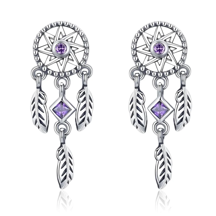Pendientes de Botón Atrapasueños <myexti><span>Plata de Ley 925, chapada en oro blanco, con circonitas púrpuras</span></myexti>