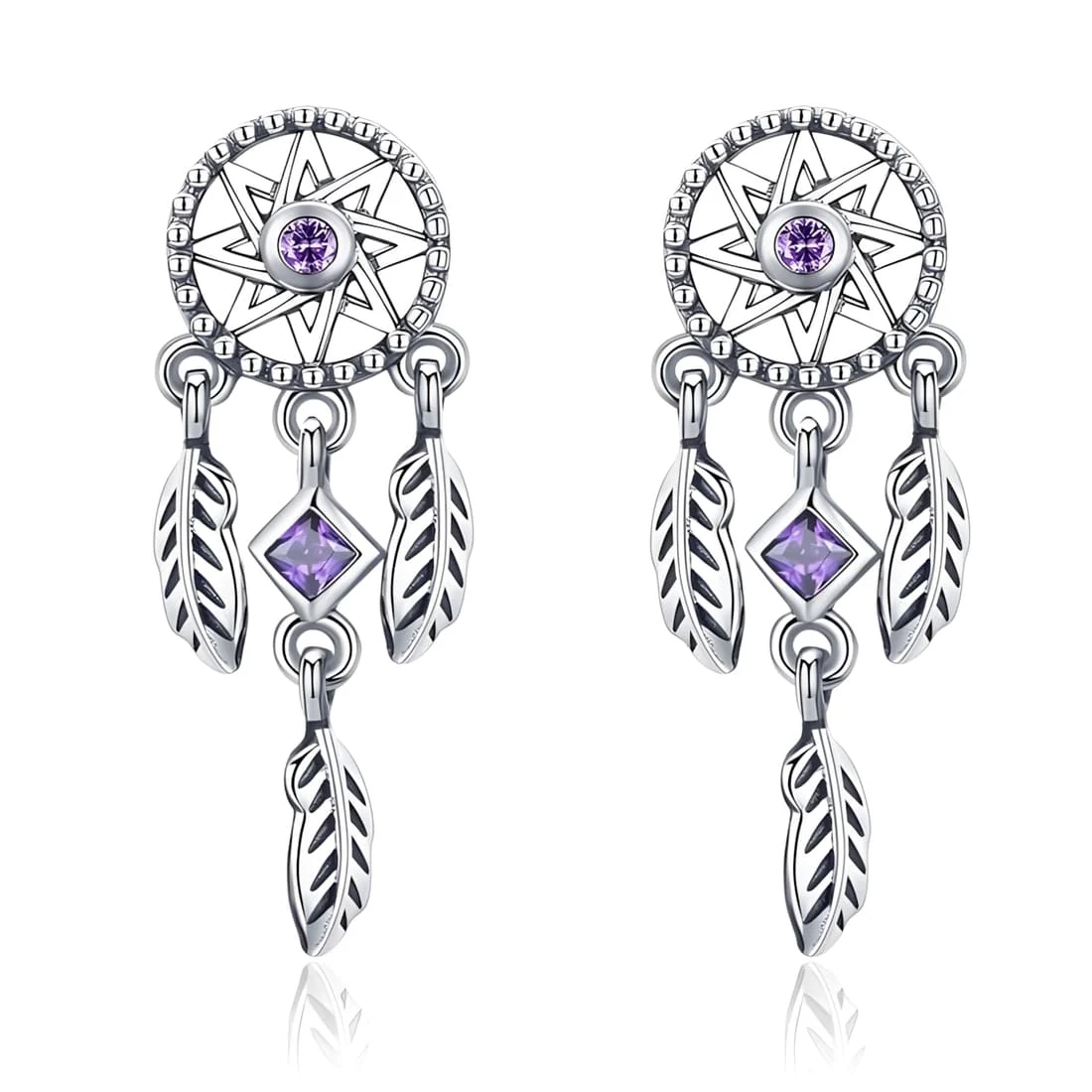 Pendientes de Botón Atrapasueños <myexti><span>Plata de Ley 925, chapada en oro blanco, con circonitas púrpuras</span></myexti>