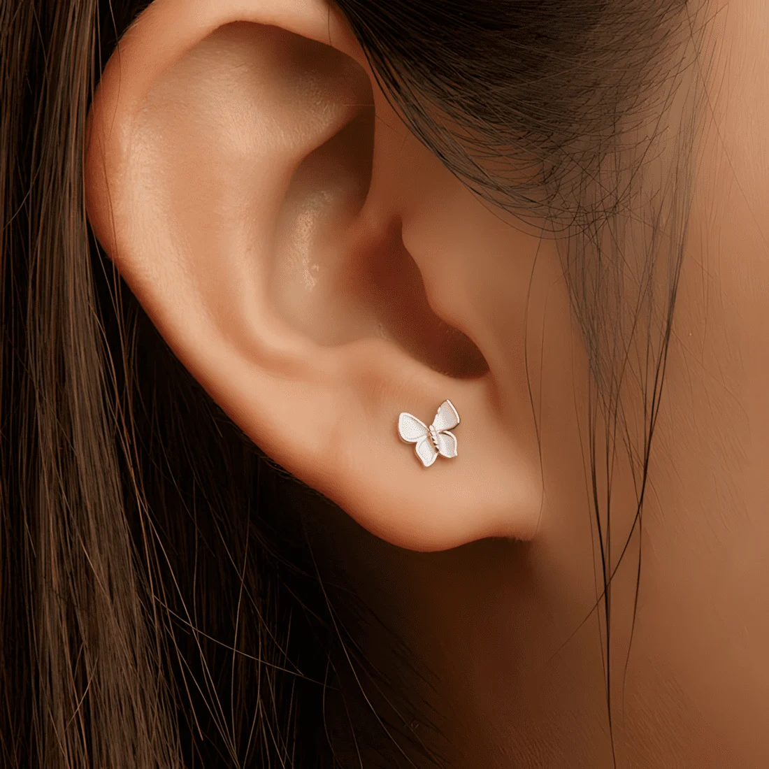 Pendientes de Botón Mariposas Rosas <myexti><span>Plata de Ley 925, chapada en oro blanco, con esmalte blanco y rosa</span></myexti> - Imagen 2