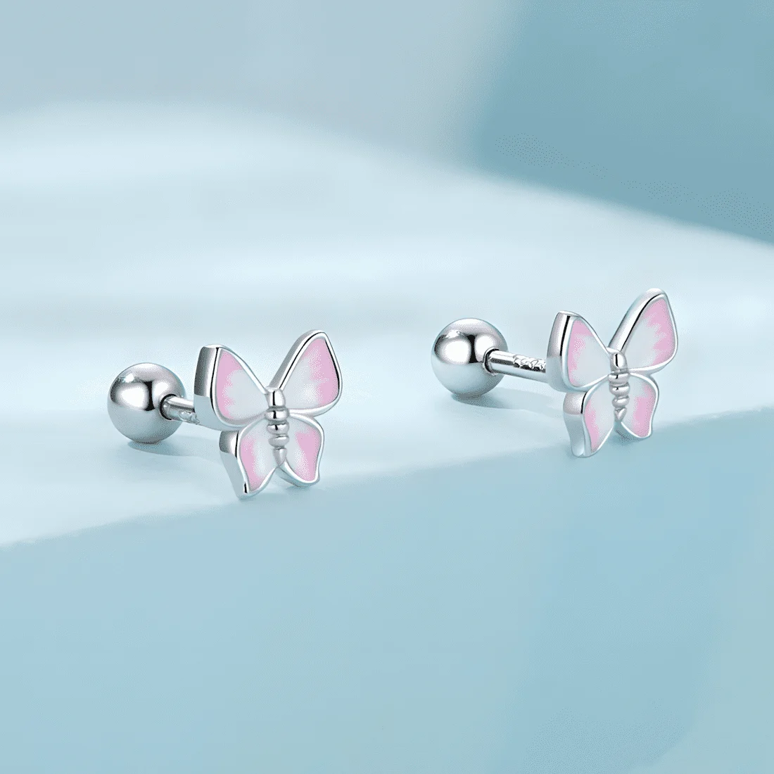 Pendientes de Botón Mariposas Rosas <myexti><span>Plata de Ley 925, chapada en oro blanco, con esmalte blanco y rosa</span></myexti> - Imagen 3