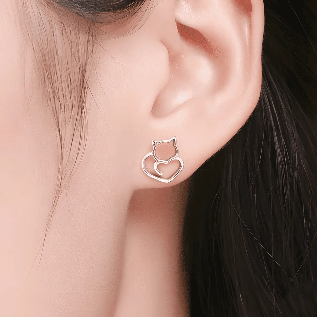 Pendientes de Botón Gato con Corazón <myexti><span>Plata de Ley 925, chapada en oro blanco</span></myexti> - Imagen 2