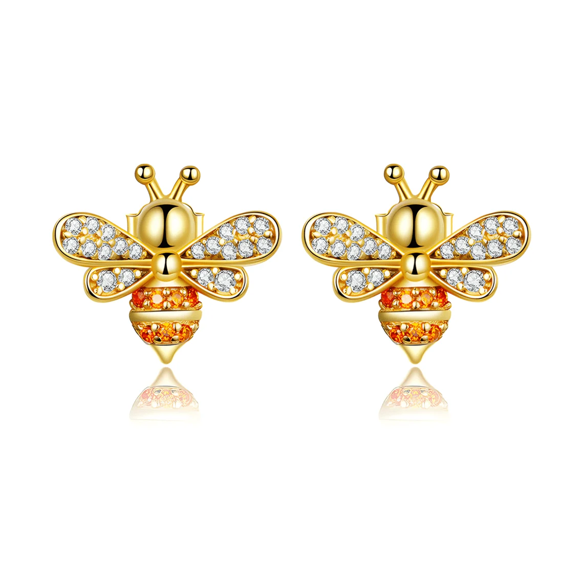 Pendientes de Botón Abeja <myexti><span>Plata de Ley 925, chapada en oro amarillo, con circonitas naranjas y blancas</span></myexti>