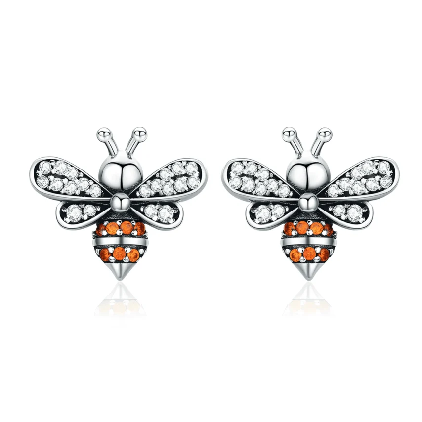 Pendientes de Botón Abeja <myexti><span>Plata de Ley 925, chapada en oro blanco, con circonitas naranjas y blancas</span></myexti>
