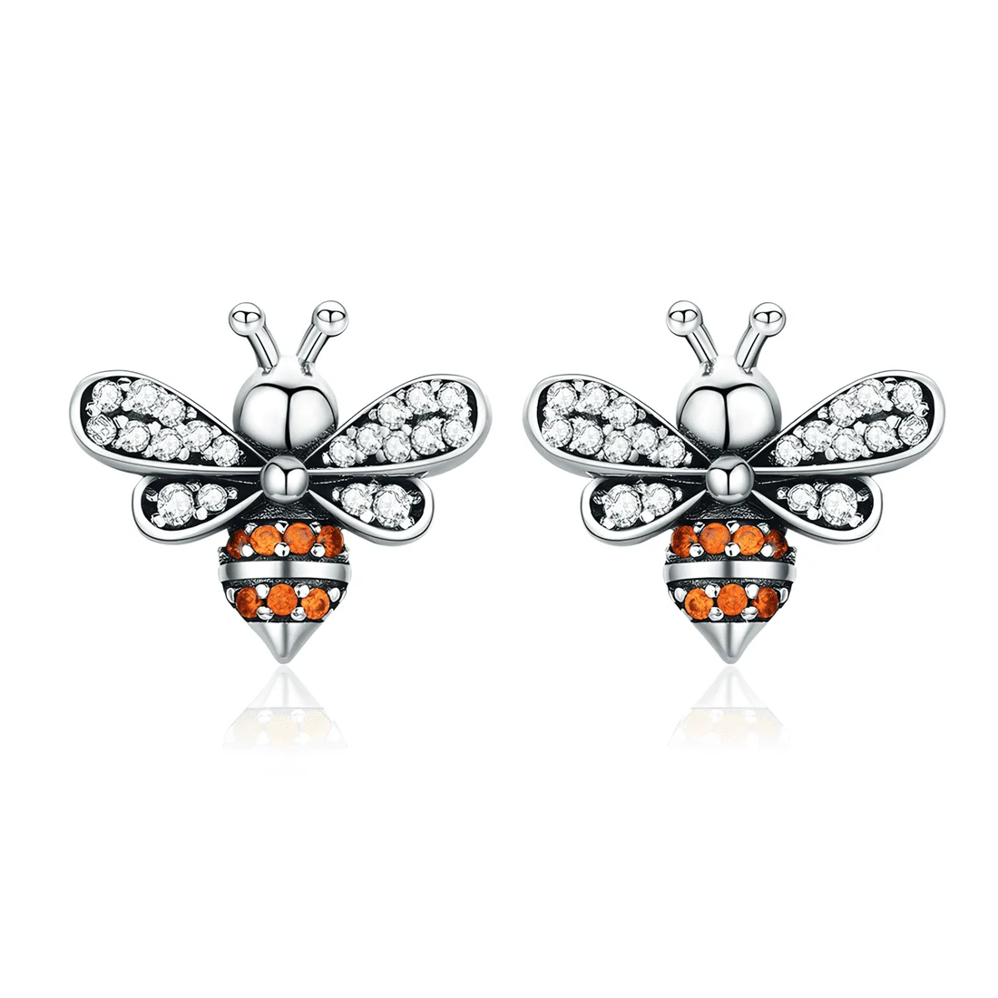 Pendientes de Botón Abeja <myexti><span>Plata de Ley 925, chapada en oro blanco, con circonitas naranjas y blancas</span></myexti>