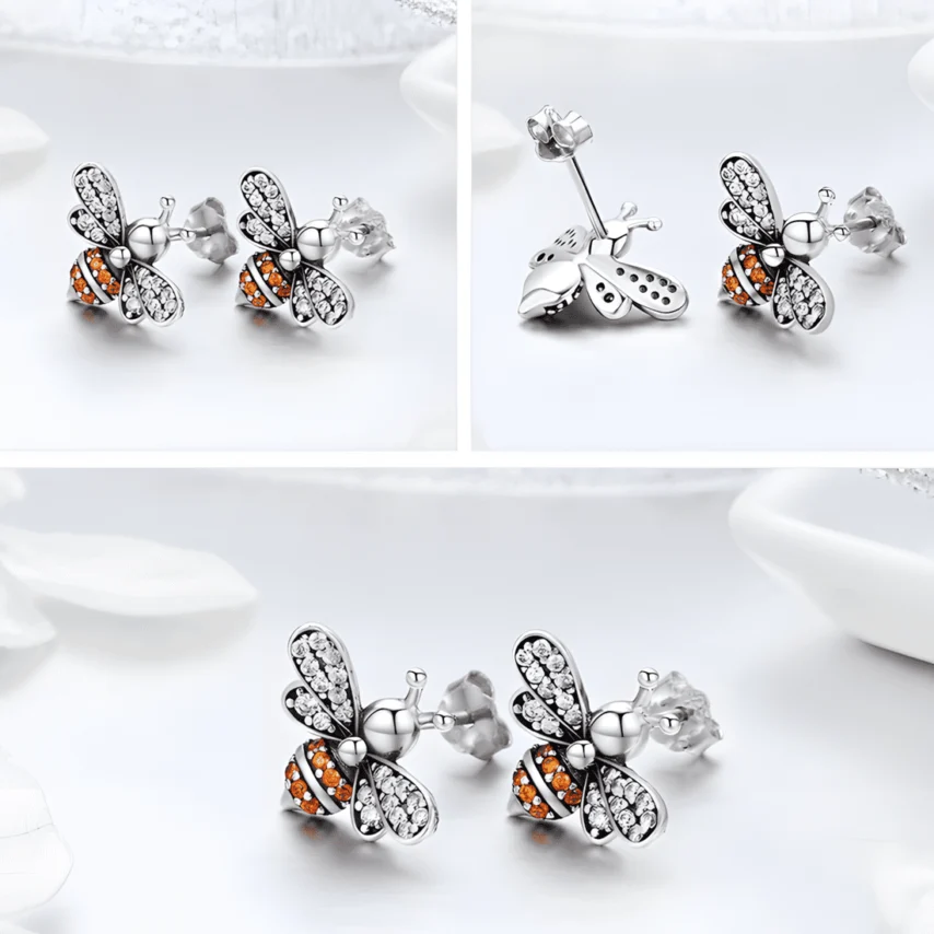 Pendientes de Botón Abeja <myexti><span>Plata de Ley 925, chapada en oro blanco, con circonitas naranjas y blancas</span></myexti> - Imagen 4