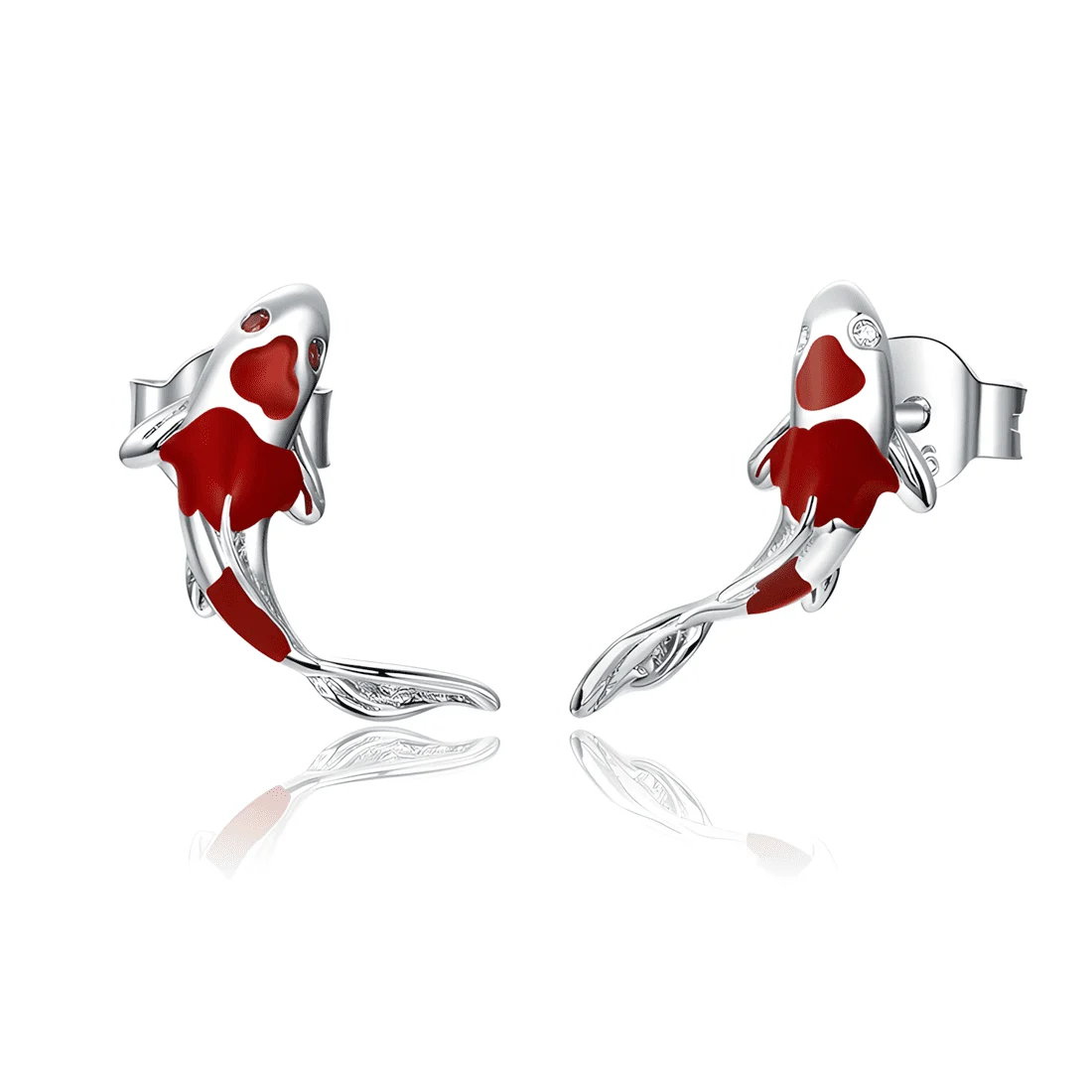 Pendientes de Botón Carpa Koi <myexti><span>Plata de Ley 925, chapada en oro blanco, esmaltada a mano en rojo</span></myexti>