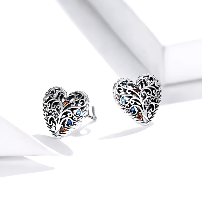 Pendientes de Botón Árbol de la Vida en Corazón <myexti><span>Plata de Ley 925, chapada en oro blanco, con circonitas de colores</span></myexti> - Imagen 4