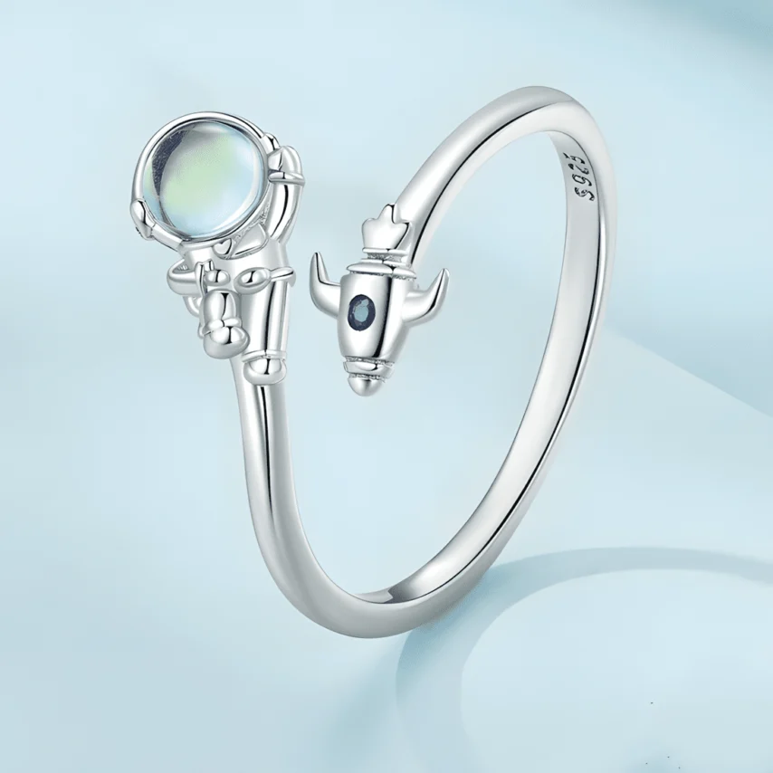 Anillo Astronauta <myexti><span>Plata de Ley 925, chapada en oro blanco, con piedra de luna - ajustable</span></myexti> - Imagen 3