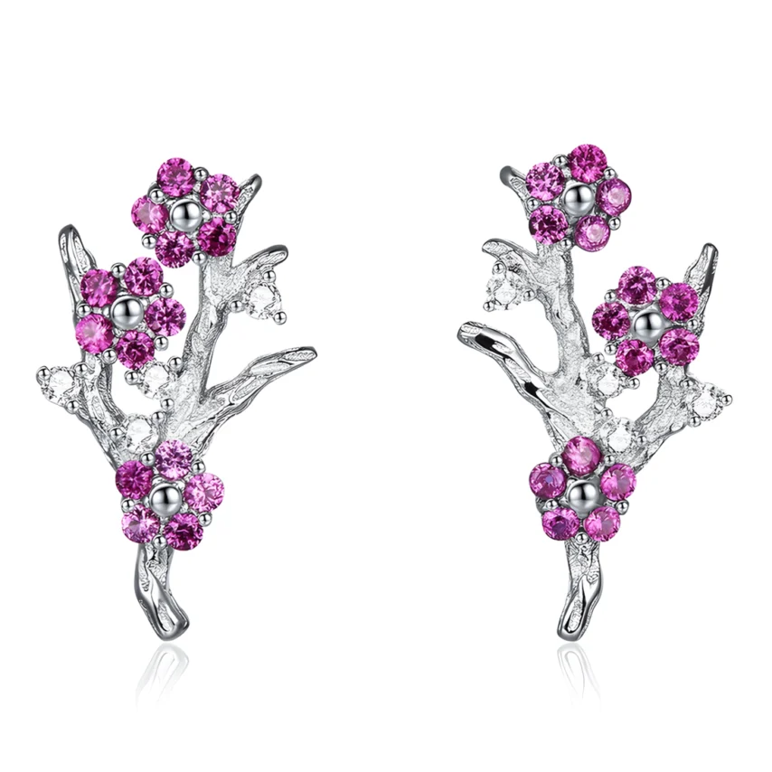Pendientes de Botón Flor de Cerezo <myexti><span>Plata de Ley 925, chapada en oro blanco, con árbol de cerezo y circonitas rosas y blancas</span></myexti>