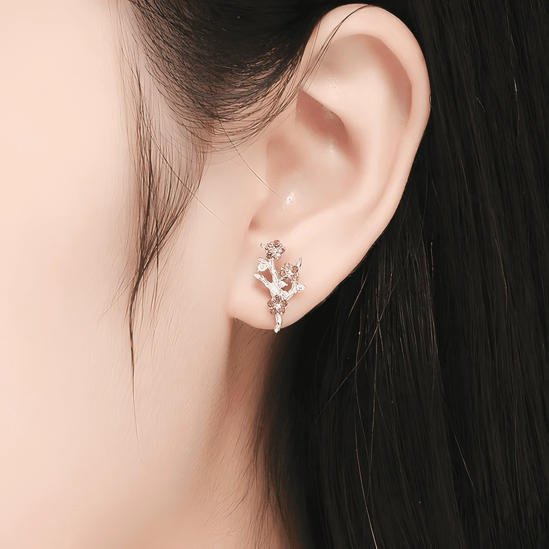 Pendientes de Botón Flor de Cerezo <myexti><span>Plata de Ley 925, chapada en oro blanco, con árbol de cerezo y circonitas rosas y blancas</span></myexti> - Imagen 2