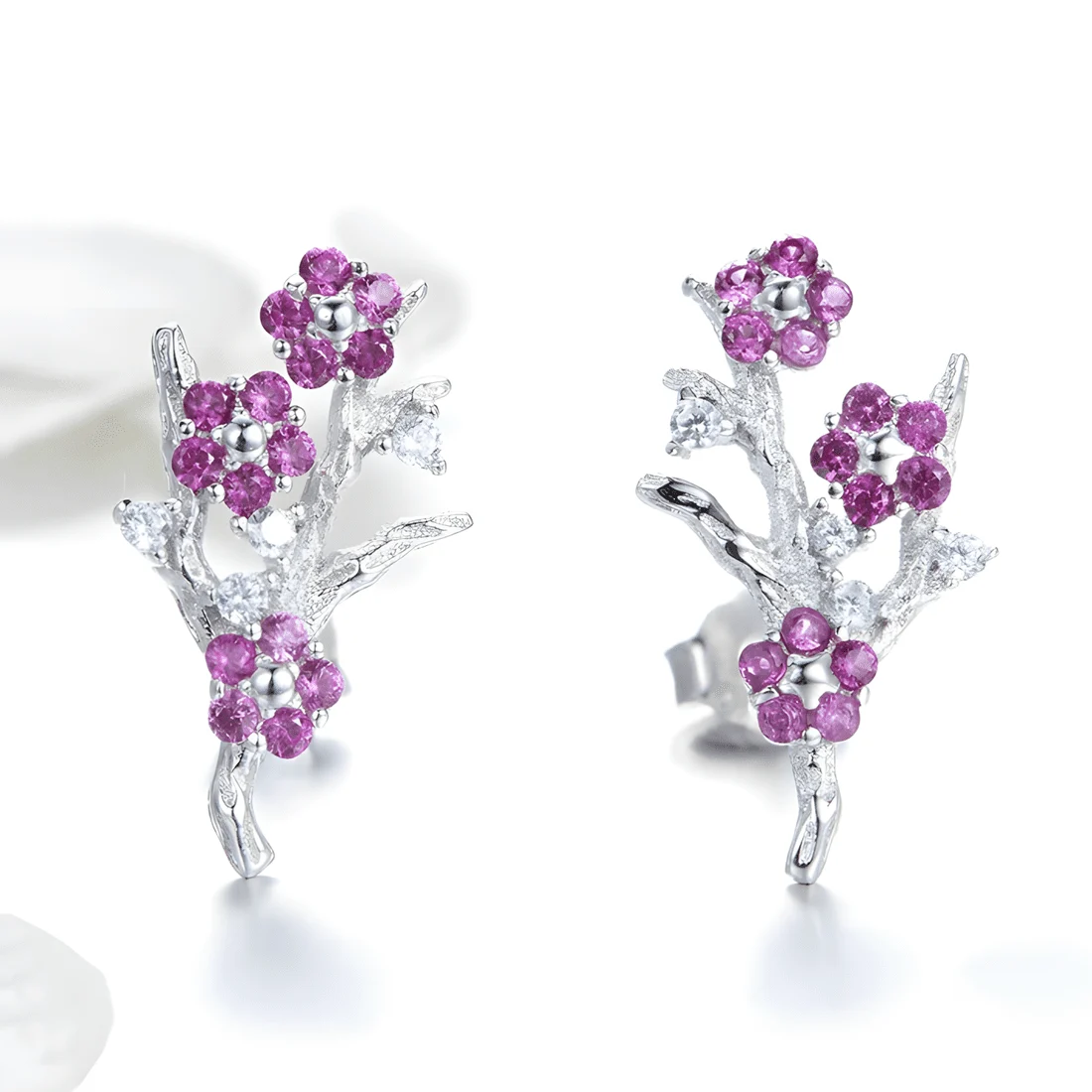 Pendientes de Botón Flor de Cerezo <myexti><span>Plata de Ley 925, chapada en oro blanco, con árbol de cerezo y circonitas rosas y blancas</span></myexti> - Imagen 3