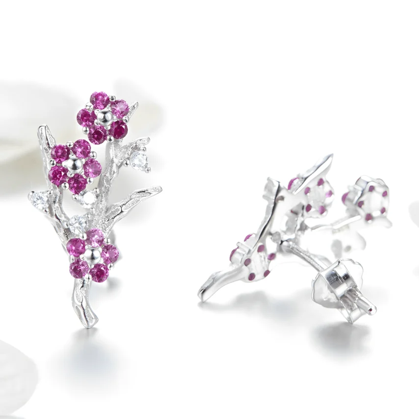 Pendientes de Botón Flor de Cerezo <myexti><span>Plata de Ley 925, chapada en oro blanco, con árbol de cerezo y circonitas rosas y blancas</span></myexti> - Imagen 4