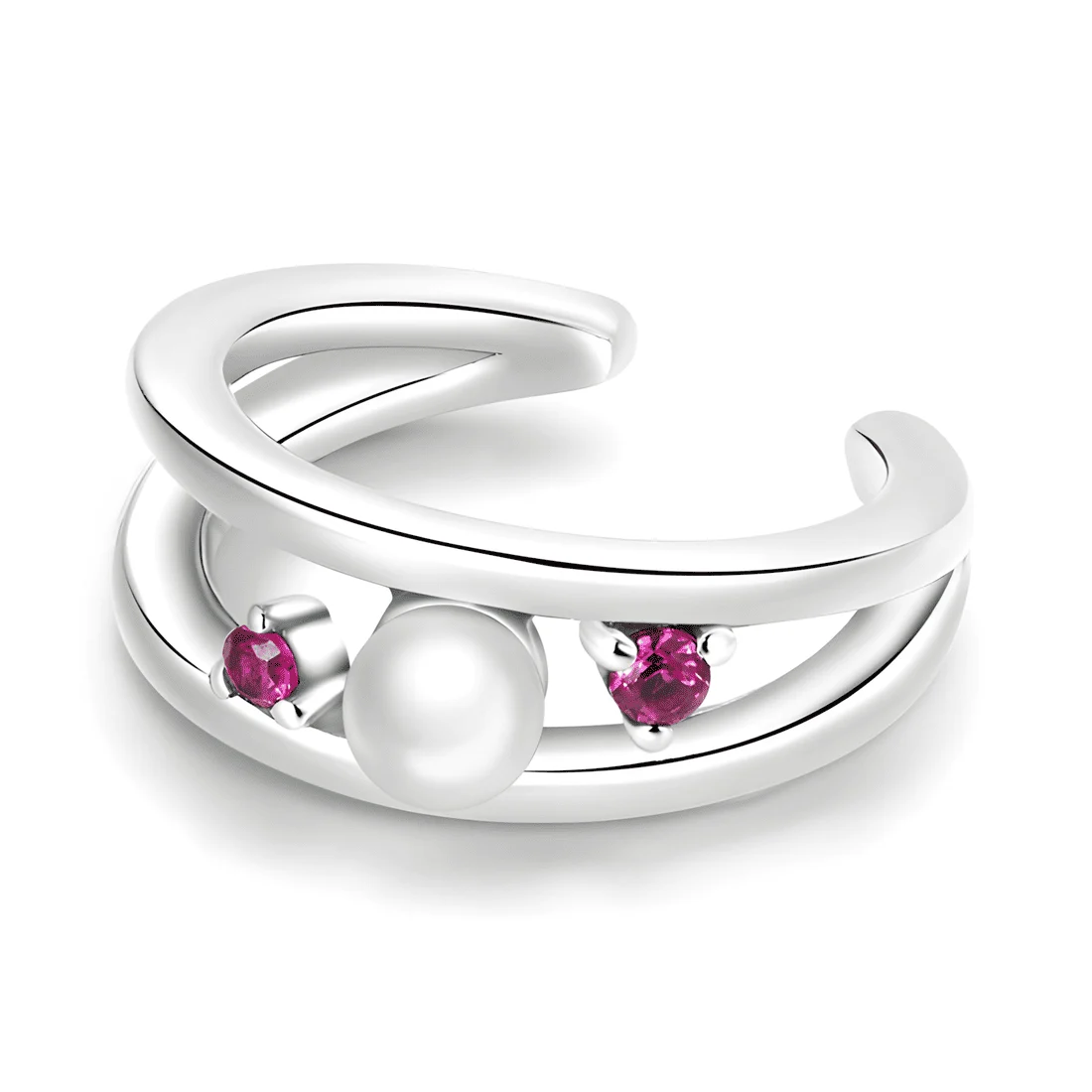 Puño para orejas de Perla <myexti><span>Plata de Ley 925, chapada en oro blanco, con perla natural y circonita roja</span></myexti>