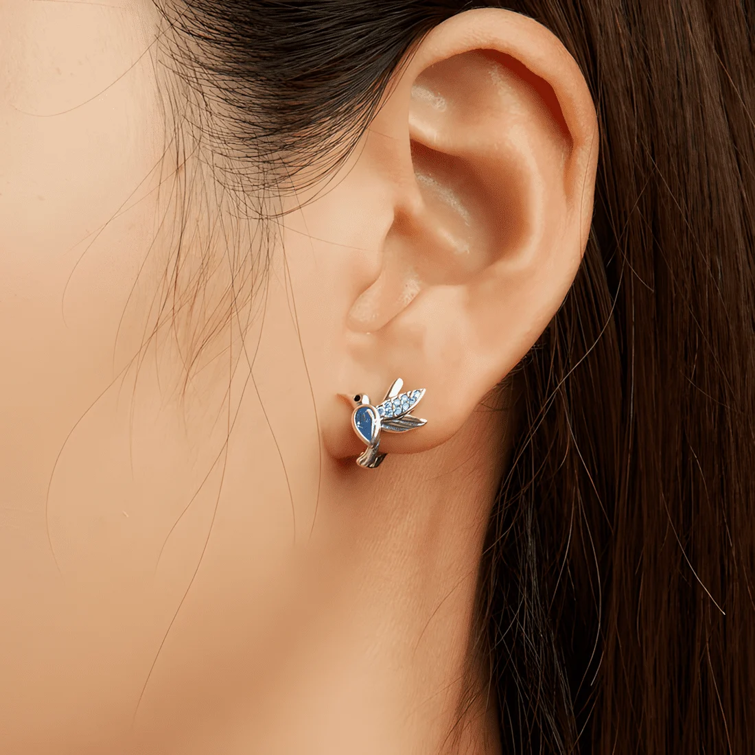Pendientes de Botón Colibrí <myexti><span>Plata de Ley 925, chapada en oro blanco, con circonitas azules</span></myexti> - Imagen 2
